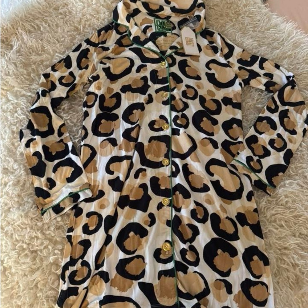Emily McCarthy Leopard Print Button-Up Long Sleeve Sleep Shirt